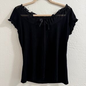 Vintage AB Studio Black Rayon Blouse w/ Sheer Trim & Bow Collar M